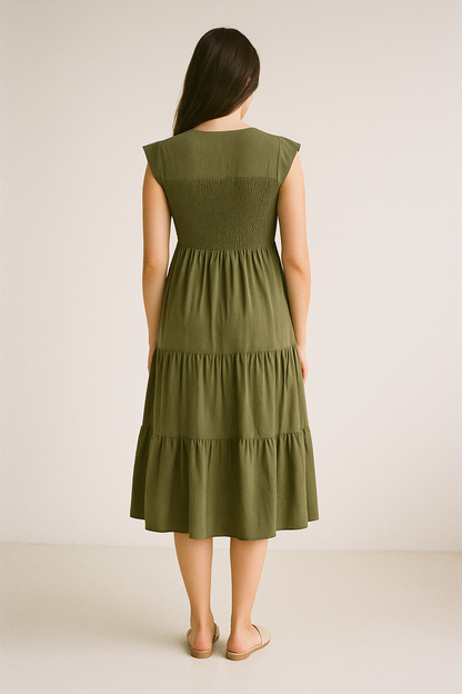 Smock-Bodice Midi Dress